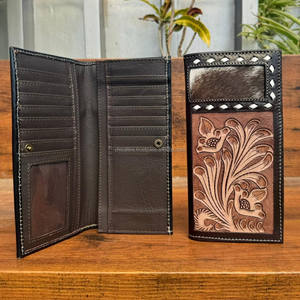 Cartera larga plegable de cuero torneada a mano lista para enviar para hombres, carteras florales de piel de vaca de alta calidad, carteras para tarjetas de cuero genuino - Product Image 6