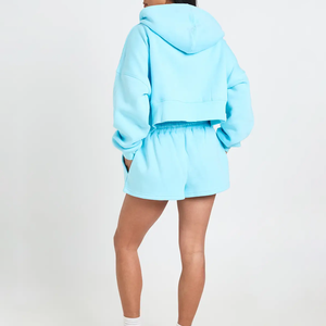 Conjunto de Sudadera con Capucha y Pantalones Cortos de Forro Polar de Algodón Personalizado de Alta Calidad para Mujer, Conjunto Deportivo Informal de Dos Piezas con Logotipo Personalizado - Product Image 6