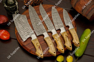 Couteaux de cuisine professionnels en acier damas forgé à la main, lame martelée, 5 pièces, ensemble de couteaux de chef, manche ergonomique en bois, sac de transport en cuir - Product Image 2