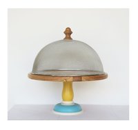 Support à gâteau rond en teck fait main avec piétement en ochre et bleu |   Présentoir à desserts haut de gamme, lavage à la main uniquement, N.S OVERSEAS