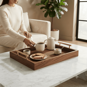 Plateau de service en bois artisanal avec poignées métalliques, grand plateau pour le petit-déjeuner, le café, le thé, la nourriture, décoration de table pour la maison, le restaurant, l'hôtel - Product Image 4