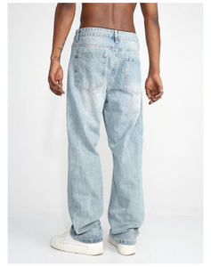Jeans de Mezclilla de Pierna Recta Azul Claro de Primera Calidad, Cintura Alta, Lavado a la Piedra, Algodón, Estilo Casual para Hombre, Primavera - Product Image 3