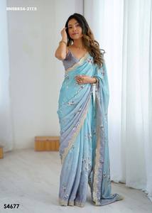 Designer Fancy Party Wear Attractive <b>Satin</b> Chiffon with Printed & Sequence Embroidered Saree- <b>Blouse</b> Collection Wholesale Supply - Product Image 2