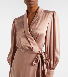 Robe longue décontractée pour femme en crêpe côtelé, style portefeuille, avec fente, motif uni, manches longues, personnalisable pour l'automne - Product Image 5