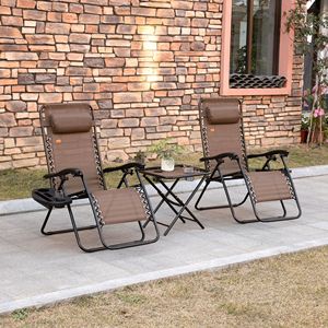 Set di 3 Sedie Reclinabili a Gravità Zero Marroni con Tavolino Laterale, Portabicchieri e Poggiatesta per Piscina e Campeggio - Product Image 2