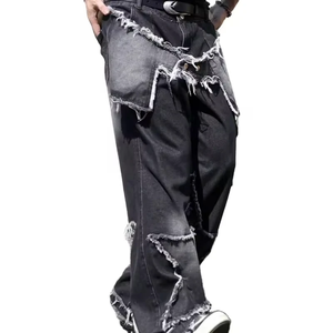 Patchwork Ripped <b>Denim</b> Jeans High Waist Loose Fit Streetwear Style Distressed Washed Cotton <b>Men's</b> Jeans Autumn Wear - Product Image 1