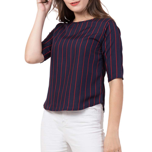 Women's Navy <b>Red</b> Stripe Three Quarter Sleeve O Neck Casual <b>Top</b> Regular Fit Woven Polyester Cotton Breathable All Seasons - Product Image 4