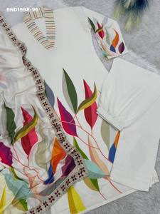 Designer Beautiful Muslin Cotton with Digital Big-Leaf Colorful Print Straight Long <b>Kurti</b>-Dupatta & Plain Pant Set Woman Fashion - Product Image 5