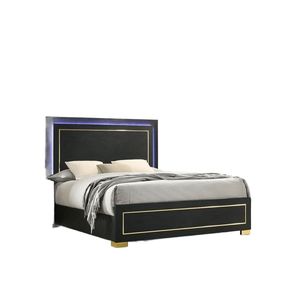 Queen Size <b>Bed</b> with LED W Black Wooden <b>Frame</b> and <b>Gold</b> Trim 1pc Up-Holstered Bedroom Furniture with Metal Bracket Legs - Product Image 6
