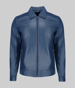 Veste en cuir bleue pour homme, col rabattu, fermeture éclair, style décontracté, vêtement d'automne - Product Image 1