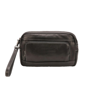 Leather Cosmetic Bag <b>Medium</b> Size Zipper Closure Multi Function Soft Handle Classic Style Travel Dopp Kit - Product Image 6