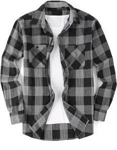 Camisa de Franela a Cuadros Gris y Negro con Bolsillos Dobles en el Pecho, Camisa Casual de Algodón con Botones - Product Image 2