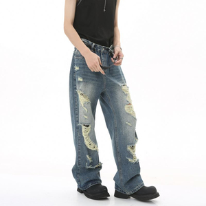Jeans baggy streetwear hip-hop personnalisés pour hommes 2025, jeans délavés et jeans droits amples déchirés pour hommes - Product Image 4