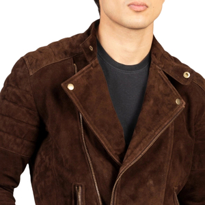 Veste moto en daim marron pour homme, coupe ajustée, col montant, fermeture éclair, pour l'automne - Product Image 6