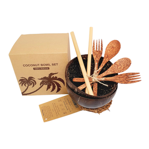Juego de Tazones Redondos de Coco para Servir Alimentos con Cucharas, Tenedores y Pajitas a Juego, 100% Naturales Hechos a Mano, OEM ODM Disponible - Product Image 1
