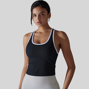 Women's Black Ribbed Short Tank <b>Top</b> Scoop Neck Knitted Breathable Minimalist Hip Hop Style for Gym Yoga Fitness - Product Image 3