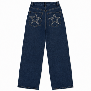 Women's Blue Star <b>Embroidered</b> Loose Fit Dark Wide Leg High Waist Summer Light Denim <b>Jeans</b> Casual Streetwear OEM ODM - Product Image 5