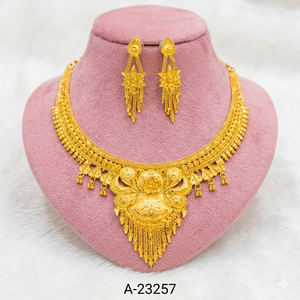 Women's 24K <b>Solid</b> Gold Zircon Flower Choker <b>Necklace</b> Set with Matching Gold Plated Drop Earrings Classic Wedding Jewelry A-23253 - Product Image 5