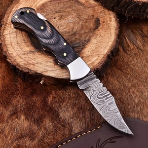 Cuchillo Plegable de Acero de Damasco con Patrón Trenzado, Bloqueo Trasero, Mango de Madera Pakka, Funda, Cuchillo EDC de Bolsillo para Camping, OEM, Venta Caliente - Product Image 4