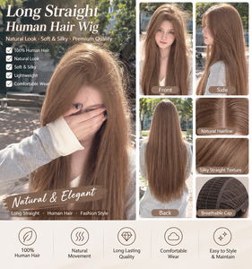 Peluca de Cabello Humano 100%, Larga y Lisa, Color Castaño Claro, Aspecto Natural, con Raya al Medio, Peluca de Moda para Mujer - Product Image 6