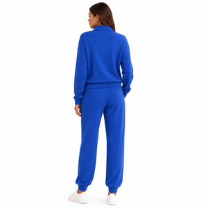 Ensemble de survêtement côtelé bleu de qualité supérieure, haut à col zippé et pantalon de jogging, logo personnalisé, vêtements de sport décontractés, vente en gros OEM, direct usine - Product Image 2