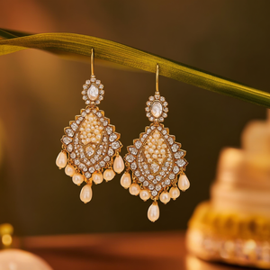 Vintage South Indian Brass Hoop Drop Earrings with Diamond and Pearl for Wedding Party - Product Image 3