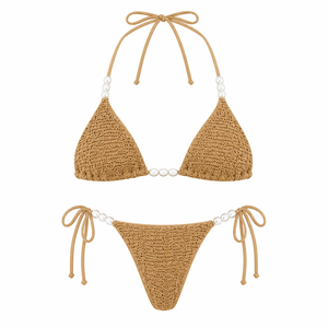 Beige Pearl Trim <b>Triangle</b> <b>Bikini</b> <b>Set</b> Halter Swimwear Crochet Beachwear 2 Piece for Women - Product Image 2