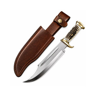 Couteau Bowie artisanal en acier D2 de 14 pouces avec étui, lame fixe polie miroir, manche en corne de cerf, couteau de chasse avec fourreau - Product Image 1