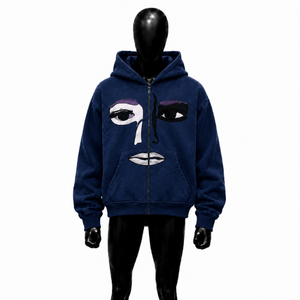 Sweat à capuche zippé bleu marine personnalisé avec motif artistique, coupe oversize, style streetwear, unisexe, décontracté, entièrement zippé - Product Image 1