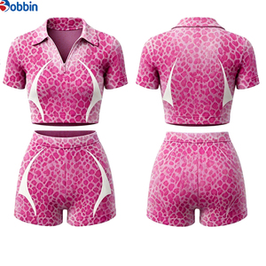 Conjunto Deportivo de 2 Piezas para Mujer con Estampado de Leopardo, Pantalones Cortos y Camiseta de Manga Corta con Cierre y Cuello Camisero, Transpirable, Tejido de Spandex y Poliéster, para Primavera - Product Image 4