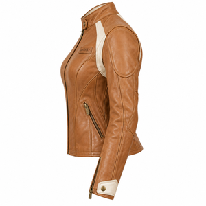 Blouson en cuir marron cognac pour femme, avec accents crème, col montant, style motard, coupe ajustée, poches zippées aux poignets, personnalisé, style Cafe Racer, vêtement d'extérieur - Product Image 4