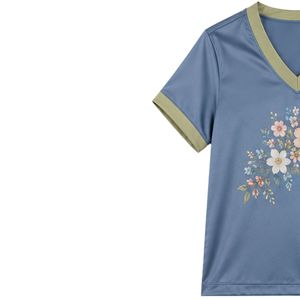 Conjunto de pijama de satén con estampado floral azul acero para mujer, cuello en V, manga corta y pantalones cortos, ropa de dormir suave, personalizada, OEM, ODM. - Product Image 2