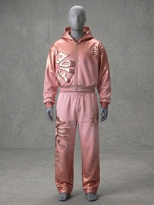 Conjunto de Sudadera con Capucha y Pantalón de Chándal para Hombre, Marrón, con Cremallera, de Felpa Francesa, Poliéster/Algodón, Estampado de Letras, Estilo Urbano Holgado, 2 Piezas, Vintage, Transpirable, con Efecto Ácido - Product Image 4