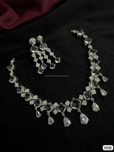Classic American Ethnic Diamond Brass Bridal <b>Set</b> Two-Piece <b>Necklace</b> Earrings Antique <b>Silver</b> Plated for Wedding Party Fashionable - Product Image 6