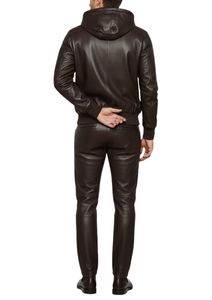 Men's Premium Dark Chocolate Brown Genuine Leather Hooded <b>Tracksuit</b> Set with Full-Zip Hoodie Jacket and Tailored Slim-Fit Jogger - Product Image 5