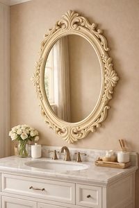 Espejo de Pared Ovalado con Marco de Madera Tallado, Espejo Decorativo Vintage para Baño, Dormitorio, Entrada - Product Image 1