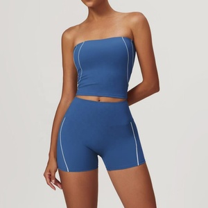 Conjunto de Yoga sin Tirantes para Mujer, Color Azul Sólido, Pantalones Cortos de Cintura Alta, Dos Piezas, Ropa Deportiva, Costuras en Contraste, Ropa de Entrenamiento sin Costuras - Product Image 3