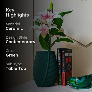 Jarrón de cerámica verde con esmalte verde intenso, estilo minimalista, inspirado en la naturaleza, con relieve floral, 24 cm, éxito de ventas en 2025. - Product Image 3