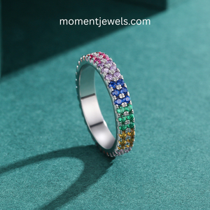 S925 <b>Silver</b> Rainbow Zircon <b>Eternity</b> Band <b>Ring</b> Colorful Pave Claw Setting Fine Jewelry for Wedding Gift - Product Image 3