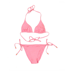Women Pink Halter Bikini <b>Set</b> Two <b>Piece</b> Solid Color Stretch Fit Regular Style Tie Side Bottom Spandex Polyester Swimwear - Product Image 2