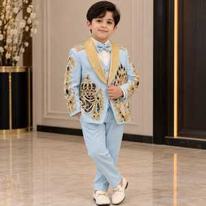 Traje de Esmoquin para Niño, Bordado a Mano, Azul Rey con Perlas Doradas, Blazer con Cuentas, Diseño de Alta Costura, Ropa Formal para Niños, Traje de Tres Piezas para Bodas y Fiestas - Product Image 2