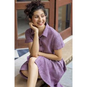 Robe chemise élégante en coton et lin pour femme, violette, boutonnée, manches mi-longues, robe de bureau décontractée mi-longue - Product Image 4