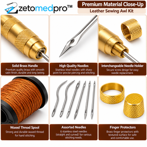 Kit de Costura de Cuero con Ahoyador, Mango de Latón, 6 Agujas Intercambiables, Hilo Encerado, Protectores de Dedos, Juego de Herramientas para Coser Cuero ZETOMEDP - Product Image 4