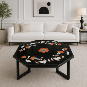 Table en marbre noir artisanal avec incrustations, table basse moderne de luxe en marbre, meubles élégants avec incrustations en pierre, marbre noir de qualité supérieure - Product Image 1