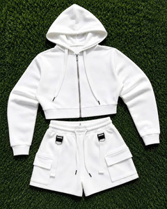 Wholesale Women Two Piece Hoodie Shorts Set Custom Logo <b>Cropped</b> Hoodie Cargo Shorts Casual Streetwear Manufacturer - Product Image 1