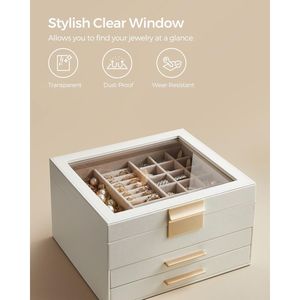Boîte à bijoux GISELLA Collection à 3 niveaux, moderne, 8 tiroirs, avec quincaillerie métallique brillante, couvercle en verre pour un rangement efficace - Product Image 4