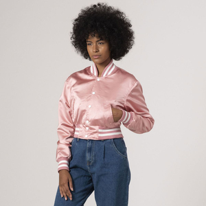 Chaqueta Corta de Satén Rosa Claro para Mujer, con Botones a Presión Blancos y Cuello Acanalado a Rayas, Chaqueta Exterior al por Mayor OEM Premium - Product Image 2