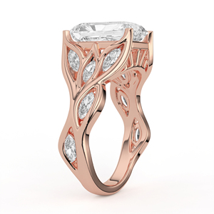 Enchanting Radiant Cut <b>Diamond</b> <b>Ring</b> Openwork Leaf Motif Yellow Gold Marquise Vine Accents Luxury Bridal Jewelry - Product Image 3