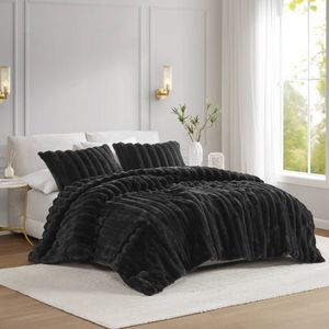 3 PCS King Size Ultrasoft Faux Fur Ribbed <b>Comforter</b> <b>Set</b> in Black - Product Image 1