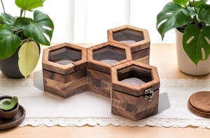 Handmade Hexagon Wooden Watch & Jewelry <b>Display</b> <b>Case</b> with Glass Lid 4-Slot Storage for Watches - Product Image 6